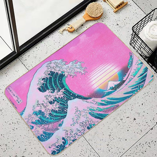 Vaporwave Aesthetic Great Wave Off Kanagawa Retro Sunset Bath Mat