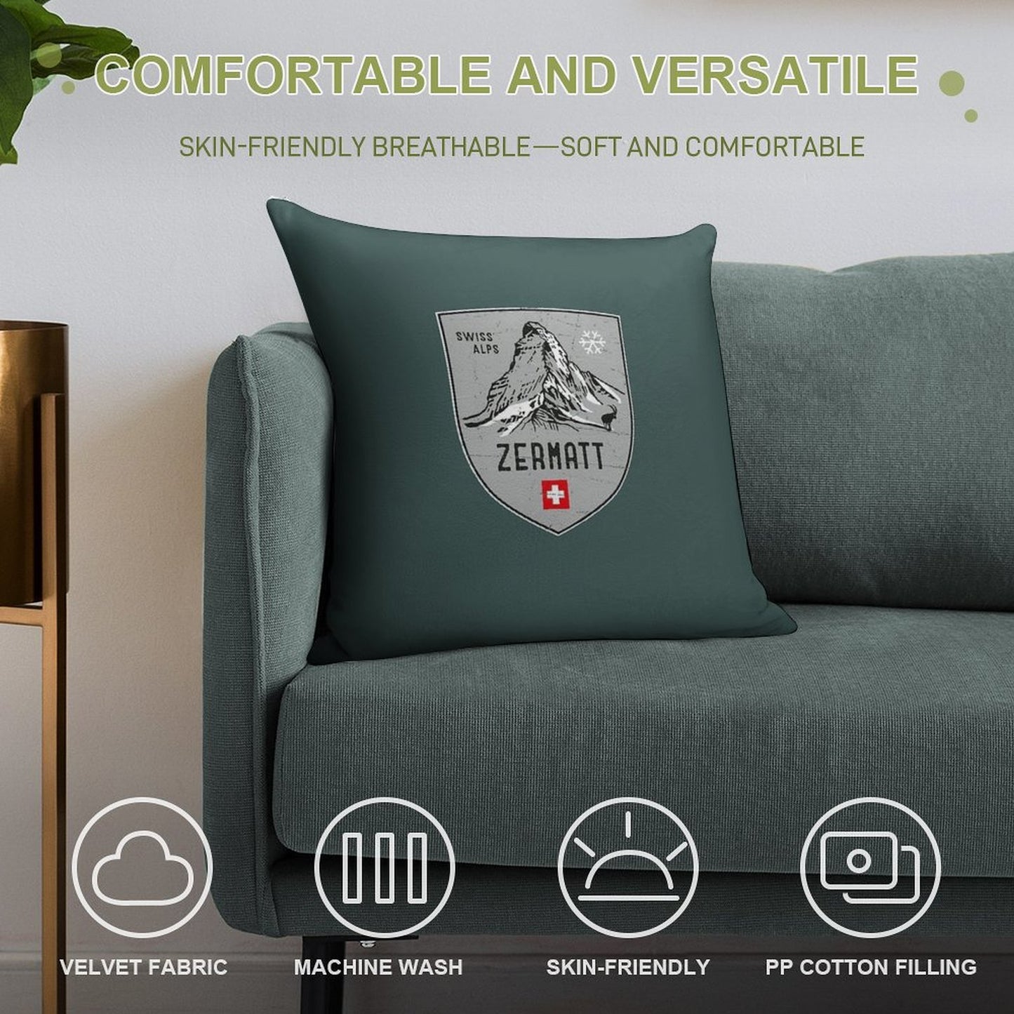 Zermatt Mountain Switzerland Emblem Soft Shrink-Resistant Throw Pillow