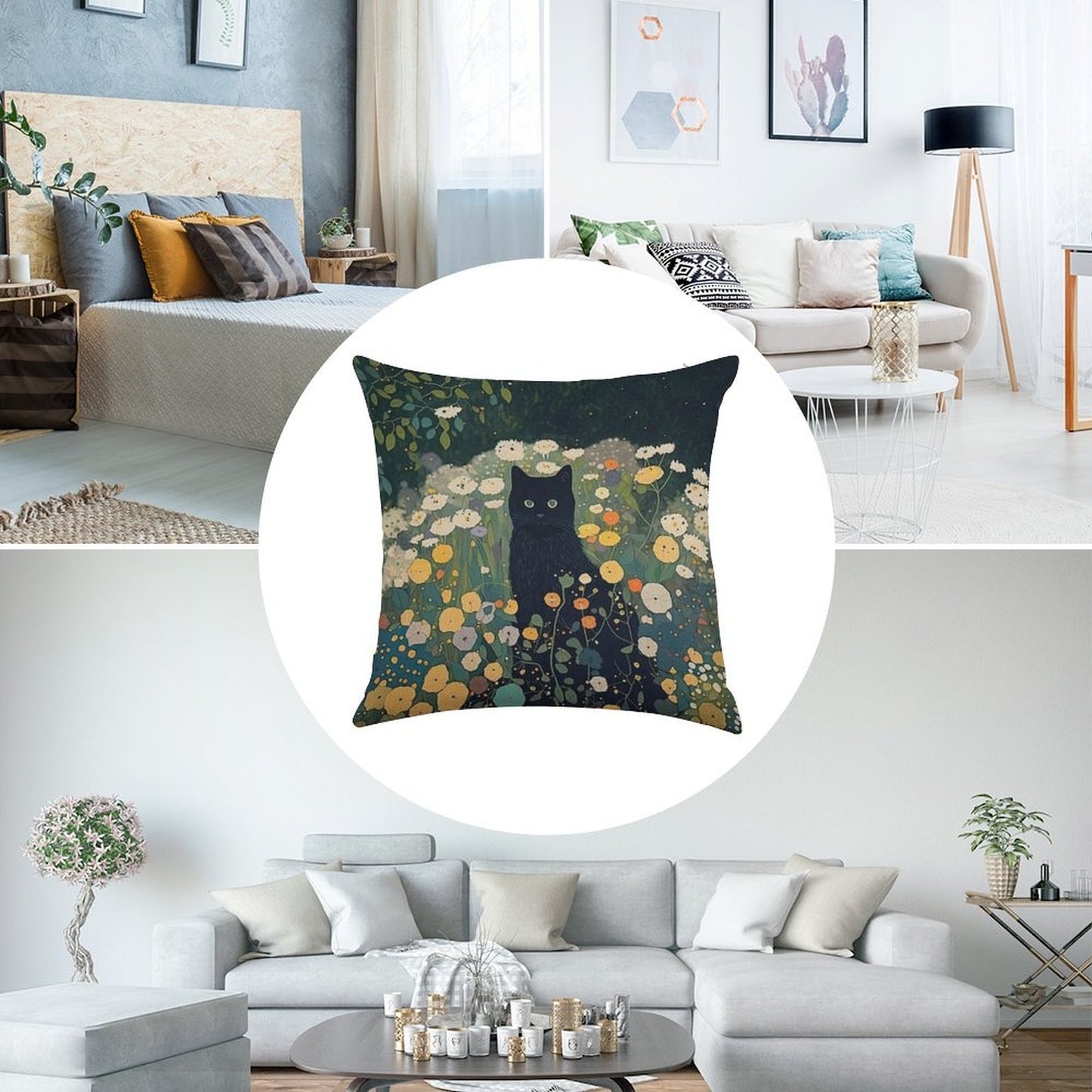 Cat in Klimt Garden Inspiration Linen Throw Pillow Cover