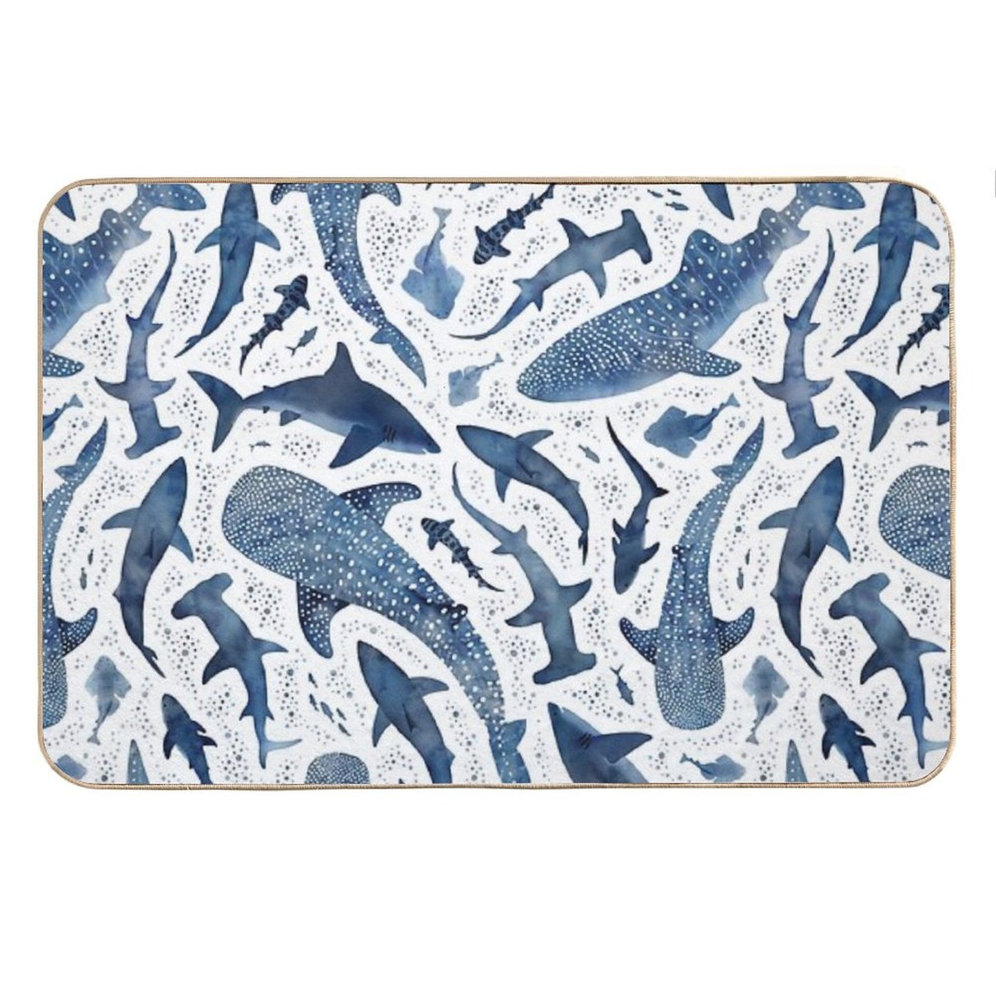 Monochrome Blue Watercolour Shark Ocean on White Bath Mat