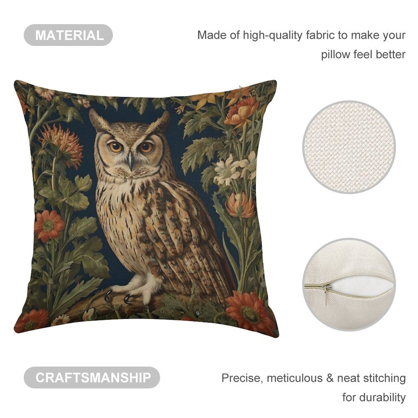 Vintage Forest Owl William Morris Style Linen Throw Pillow Cover