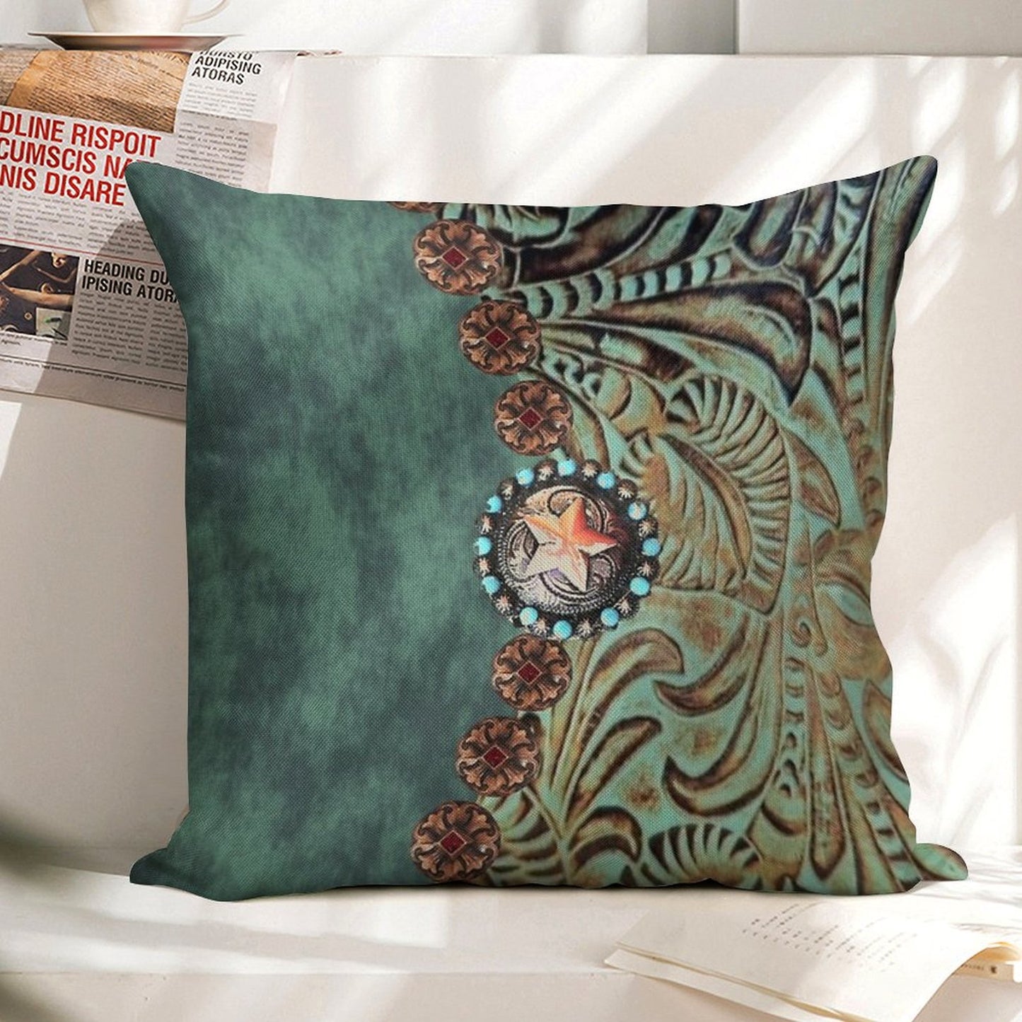 Rustic Cowboy Cowgirl Western Country Green Teal Linen Throw Pillow Cover
