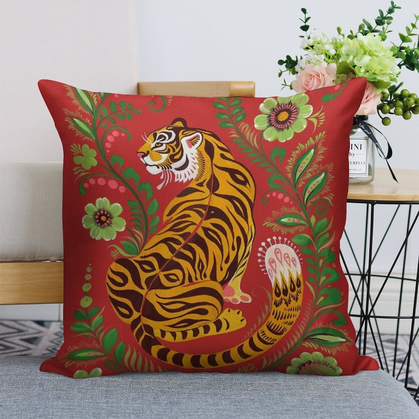Tiger Folk Art Linen Throw Pillow Cover