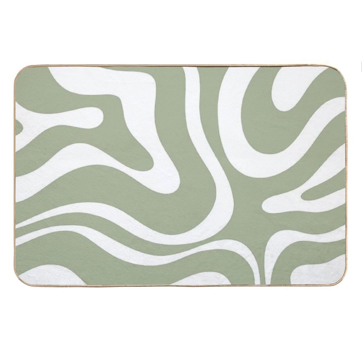 Retro Modern Liquid Swirl Abstract Pattern Square in Sage Green And White Bath Mat