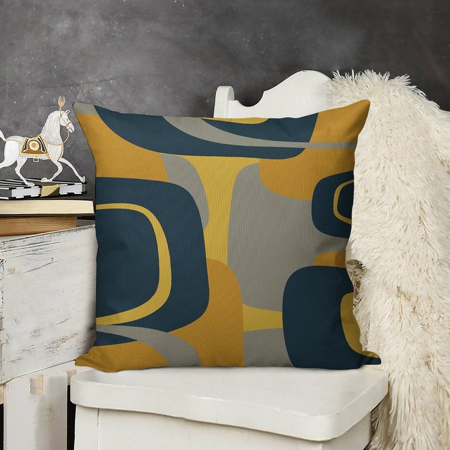 Mid Century Modern Retro Abstract Pattern in Navy Blue, Mustard Yellow, And Gray Linen Throw Pillow Cover