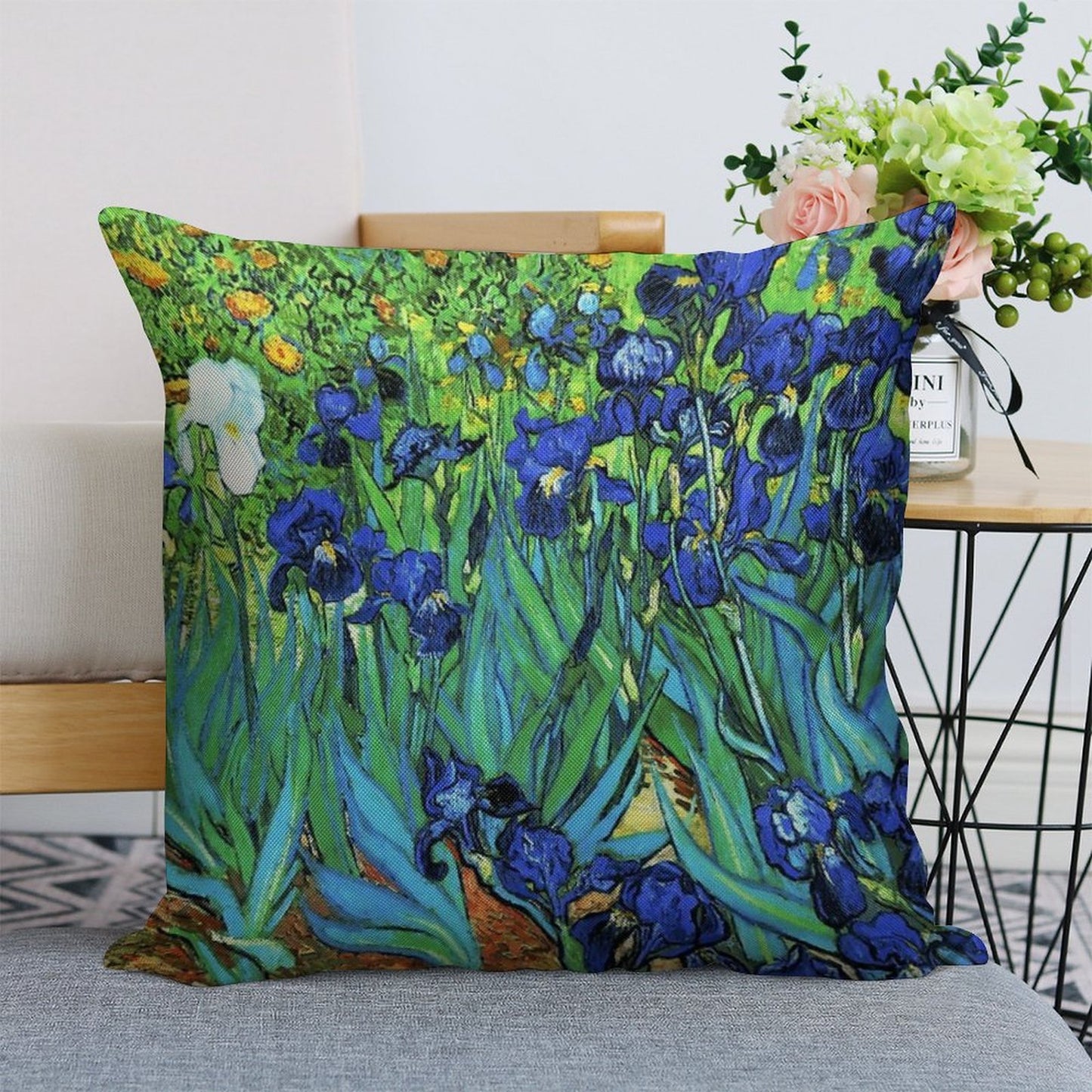 Van Gogh HDR Garden Irises Linen Throw Pillow Cover