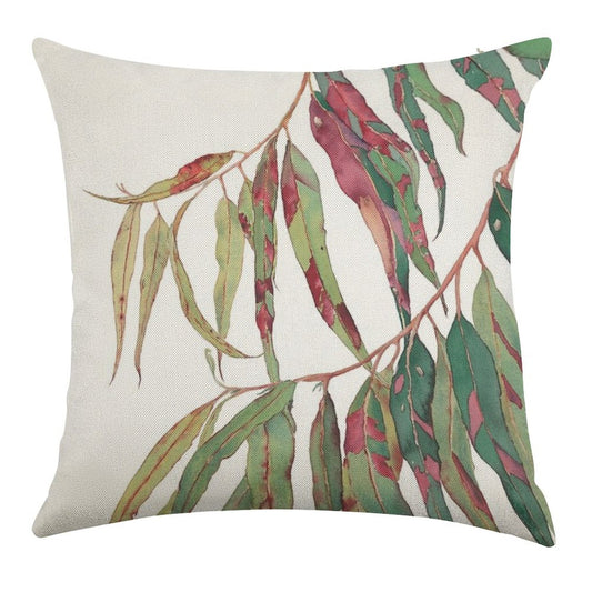 A Touch of Red - Watercolour of Eucalyptus Branch Linen Throw Pillow Cover