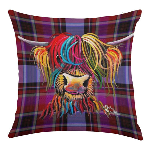 SCoTTiSH HiGHLaND CoW ' TaRTaN NeLLY P ' by SHiRLeY MacARTHuR Linen Throw Pillow Cover