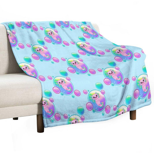 Kawaii Axolotl with Bubbles Throw Blanket