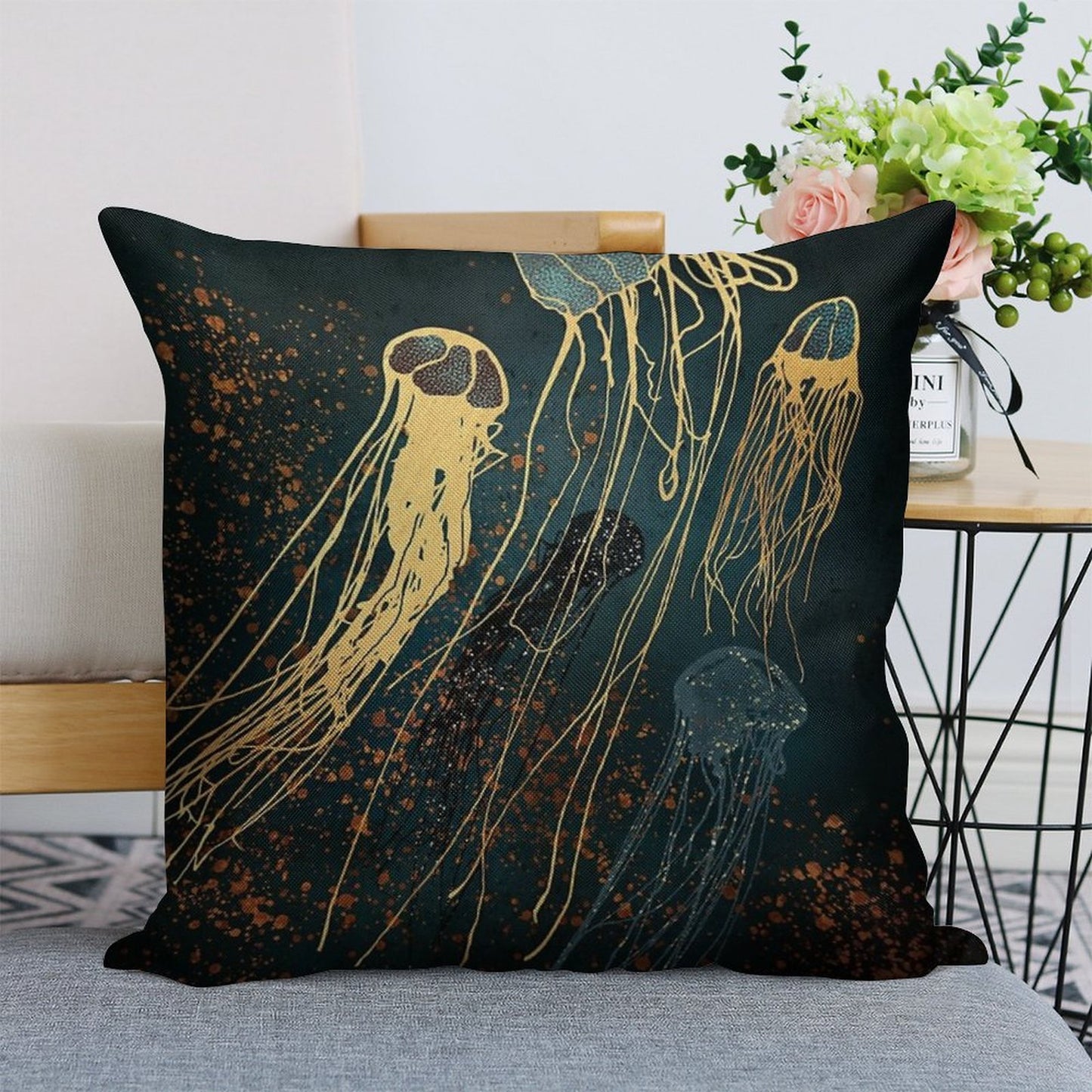 Metallic Jellyfish Linen Throw Pillow Cover