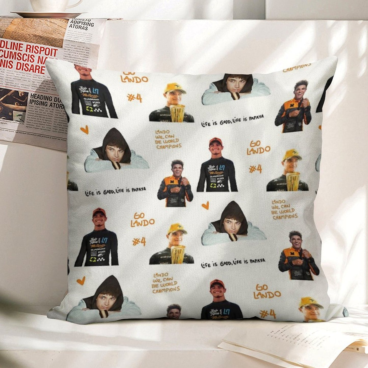 Lando Norris Illustrated Stickers Linen Throw Pillow Cover