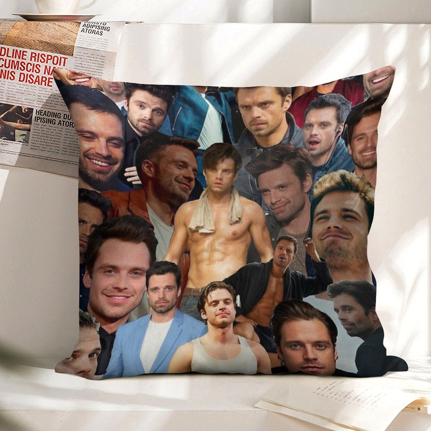 Sebastian Stan Photo Collage Linen Throw Pillow Cover