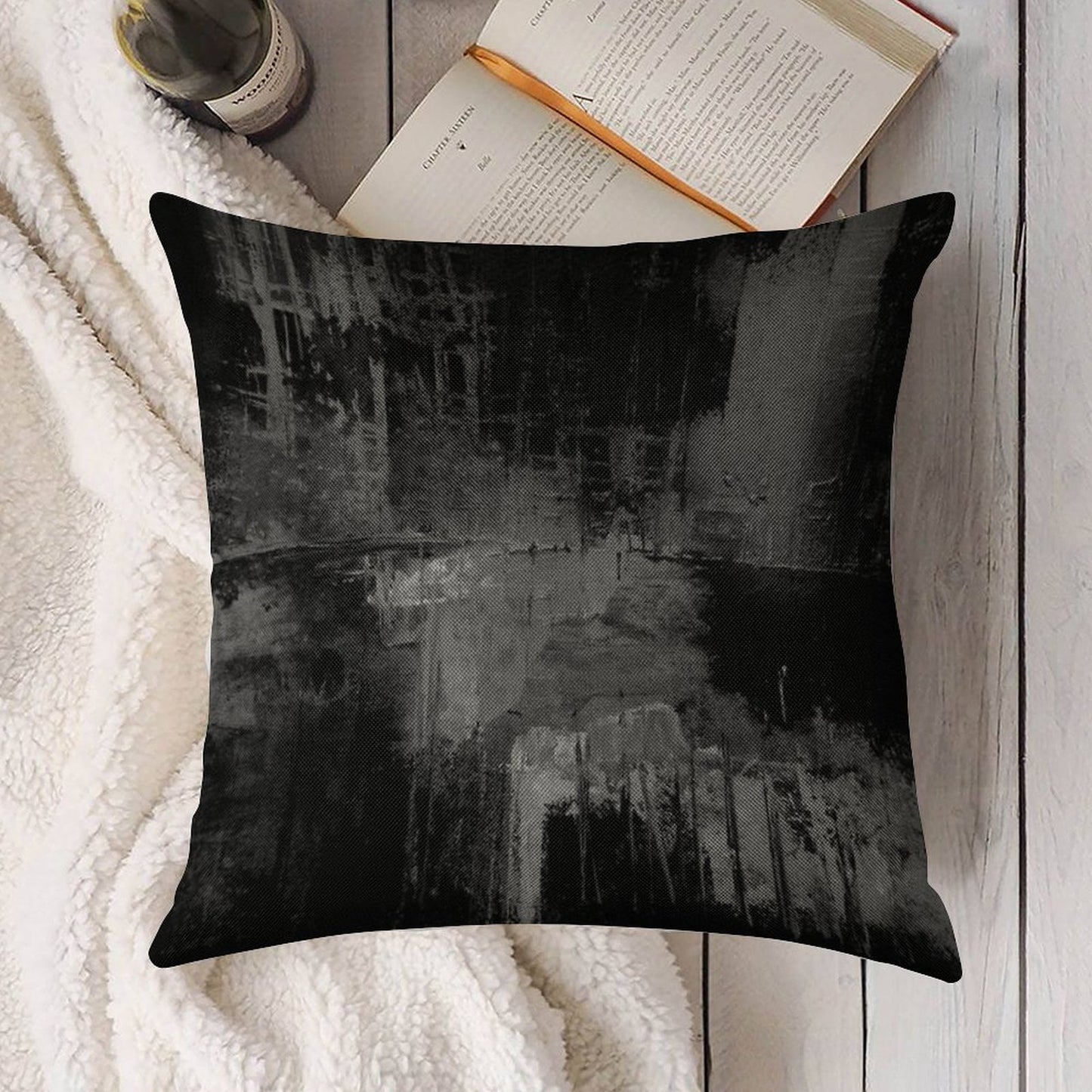 Black Gray Abstract Linen Throw Pillow Cover