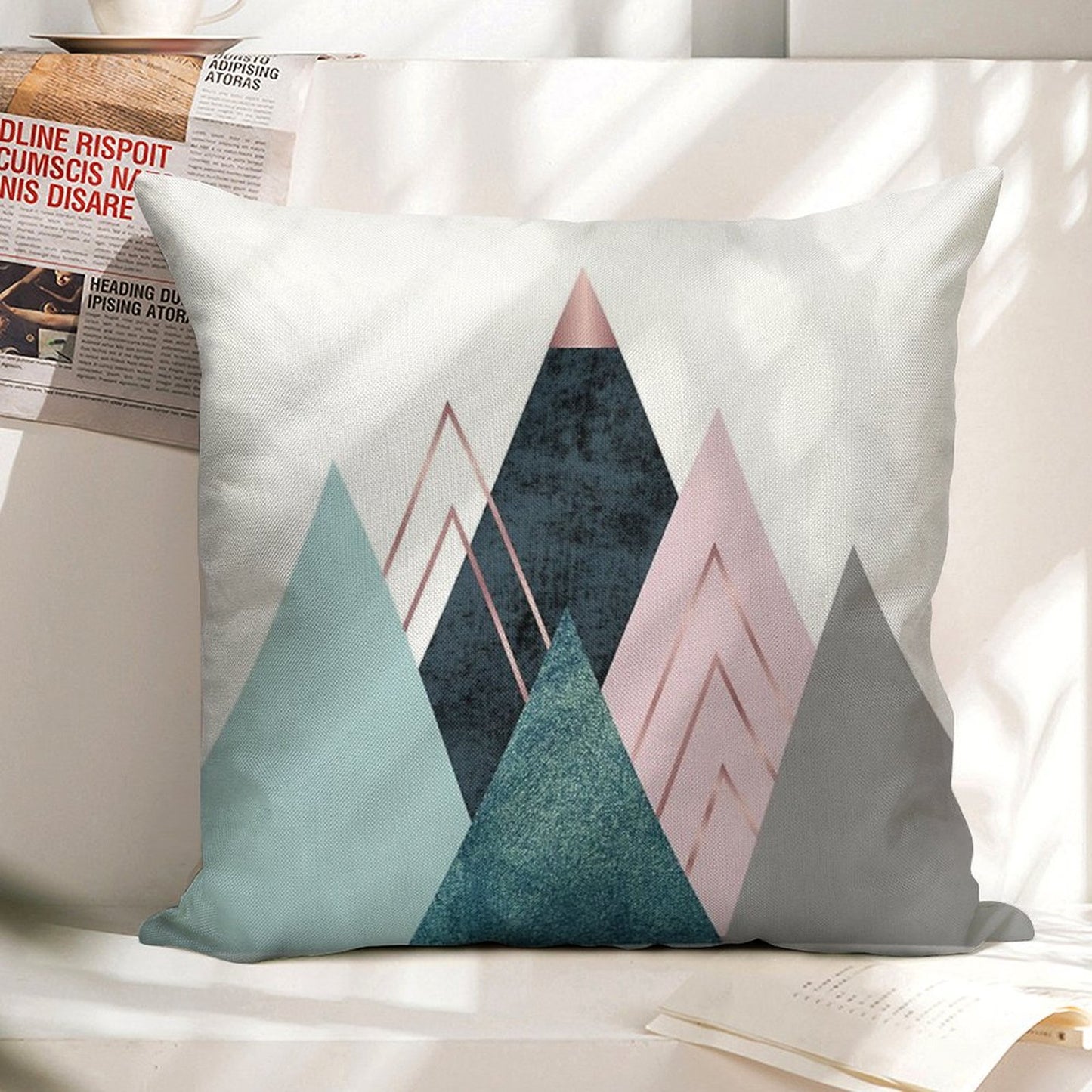 Abstract Minimalist Mountain - Pink, Teal And Blue Linen Throw Pillow Cover