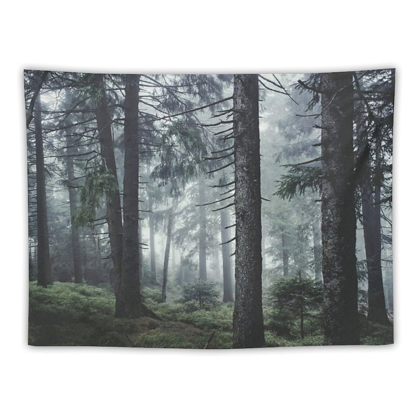Path Vibes Wild Romantic Misty Retro Fall Wilderness Fairytale Forest With Cascadia Trees Covered In Magic Blue Fog Season Tapestry