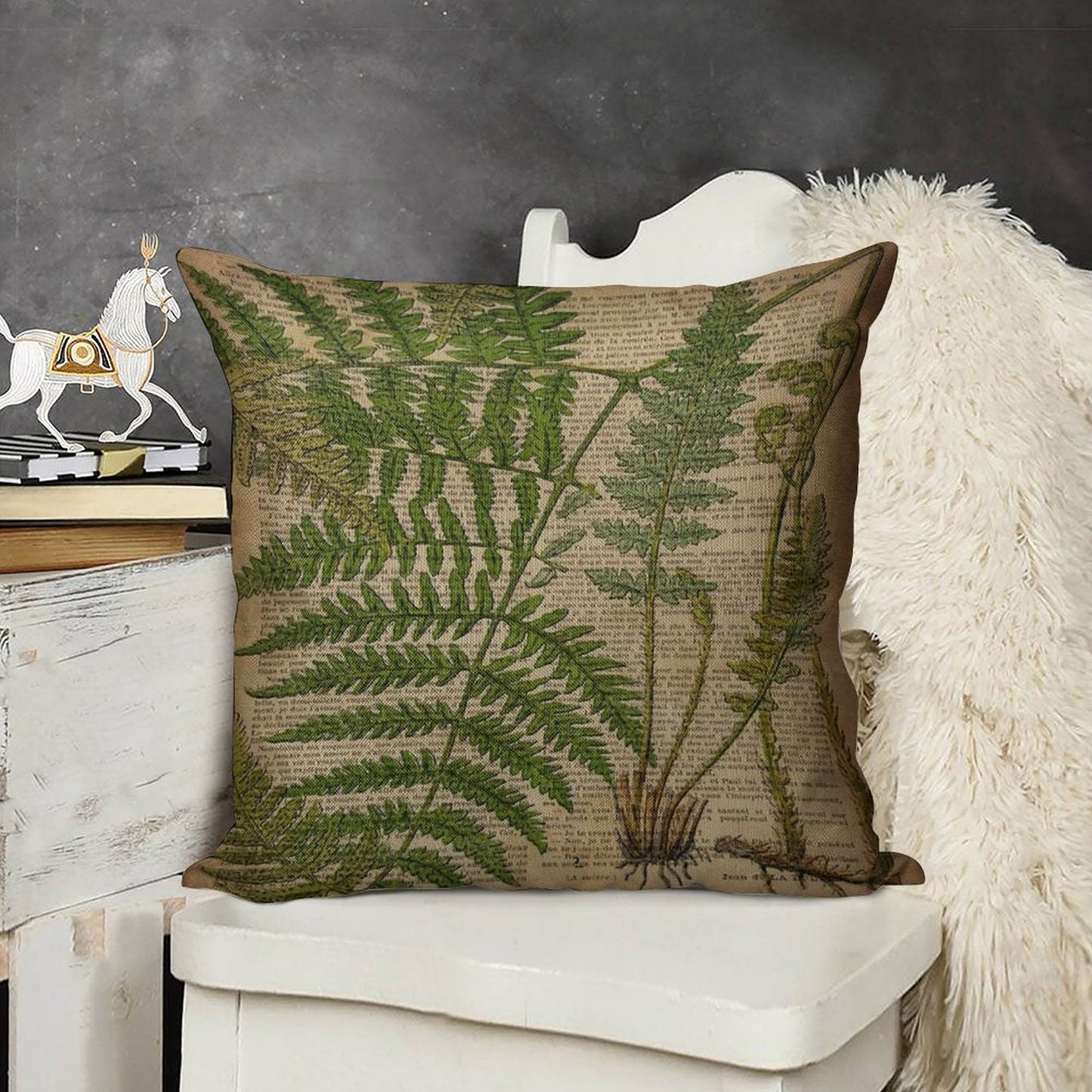 Vintage Foliage Hipster Botanical Print Fern Leaves Linen Throw Pillow Cover