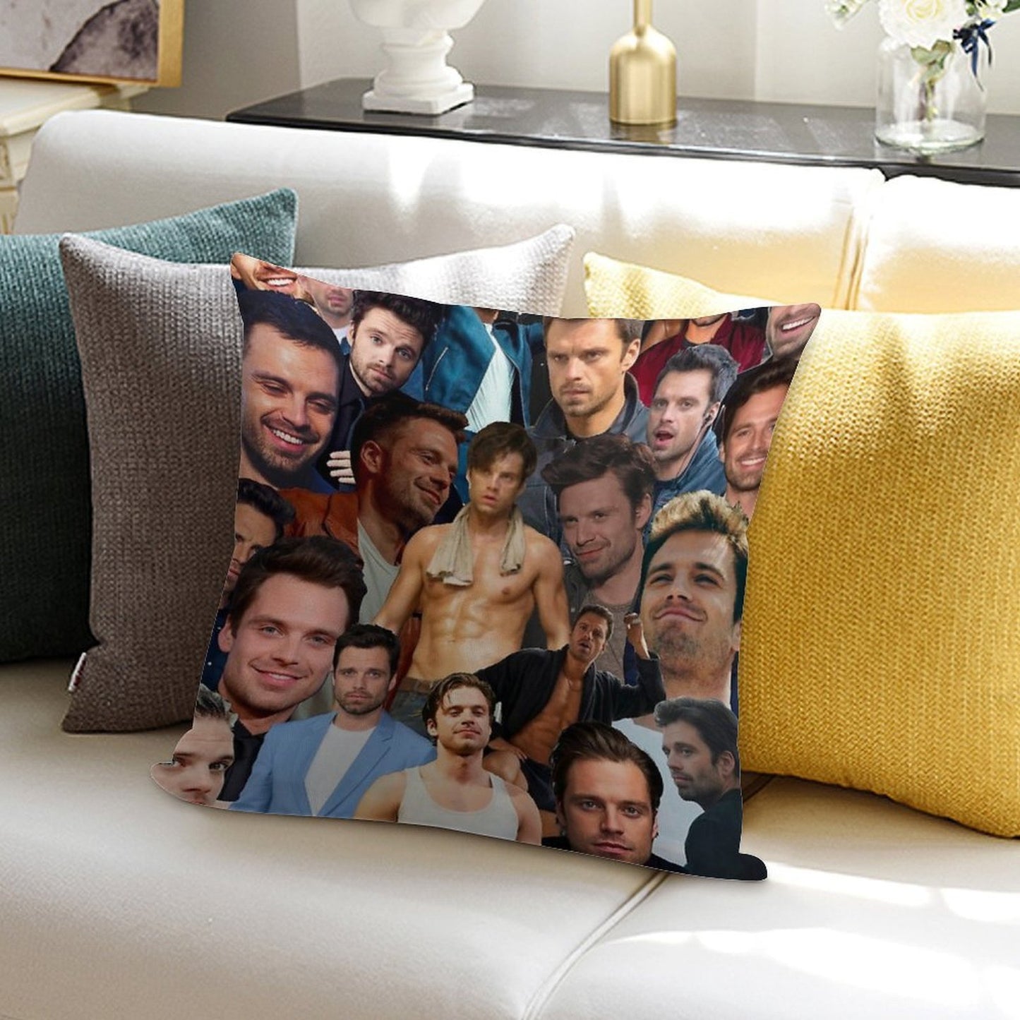 Sebastian Stan Photo Collage Soft Durable Construction Throw Pillow
