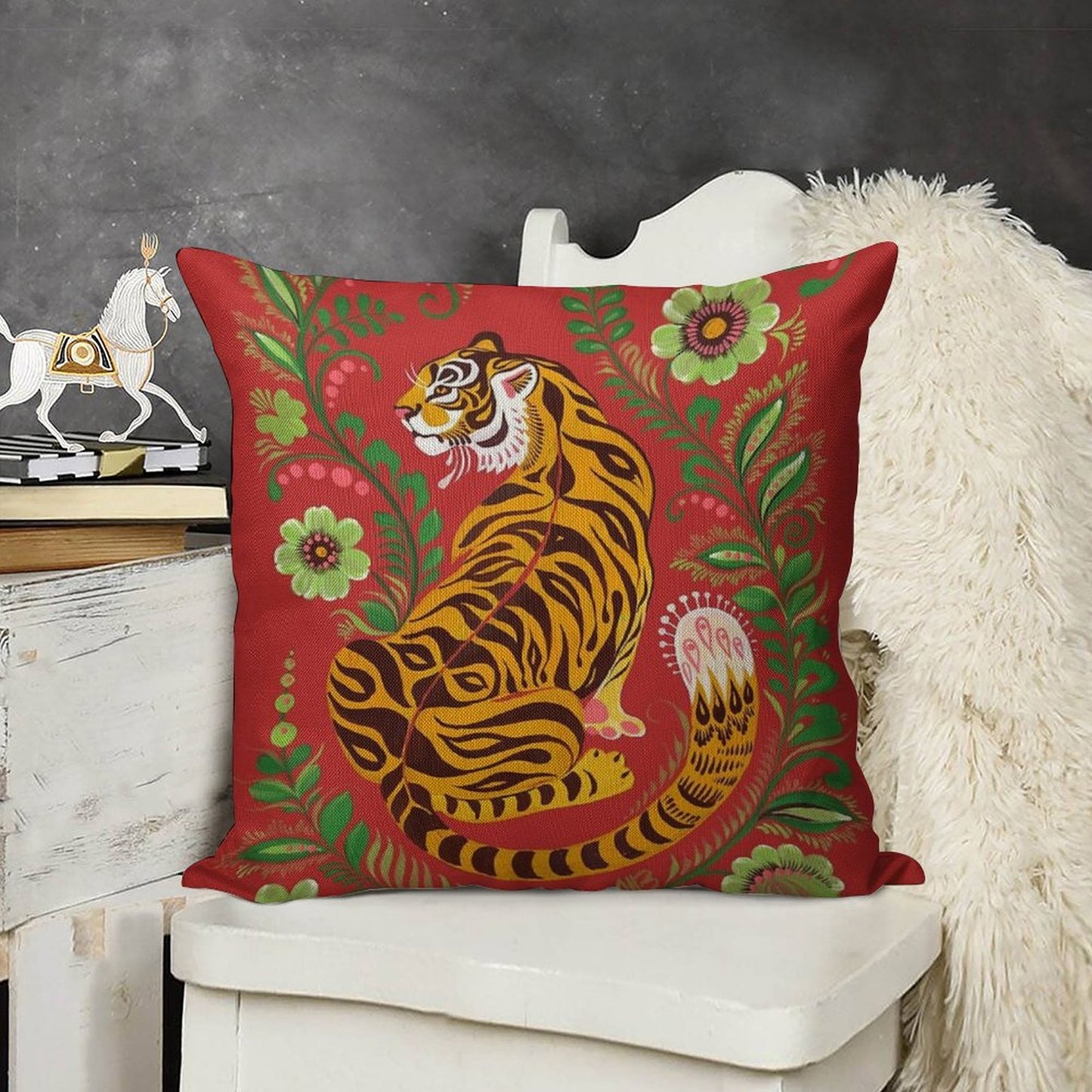 Tiger Folk Art Linen Throw Pillow Cover