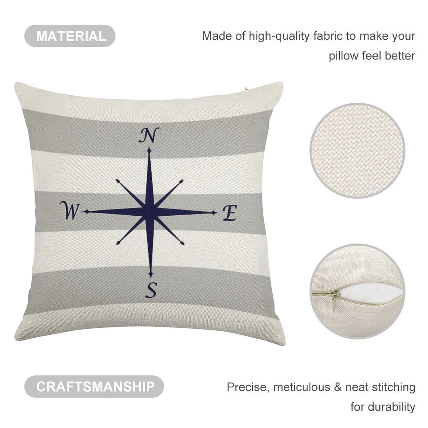 Nautical Navy Blue Compass On Silver Gray And White Stripes Linen Throw Pillow Cover