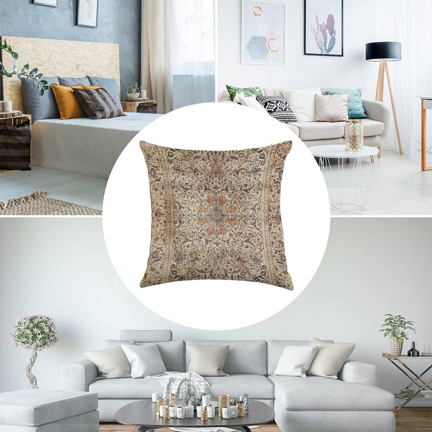 Silk Esfahan Persian Carpet Print Linen Throw Pillow Cover