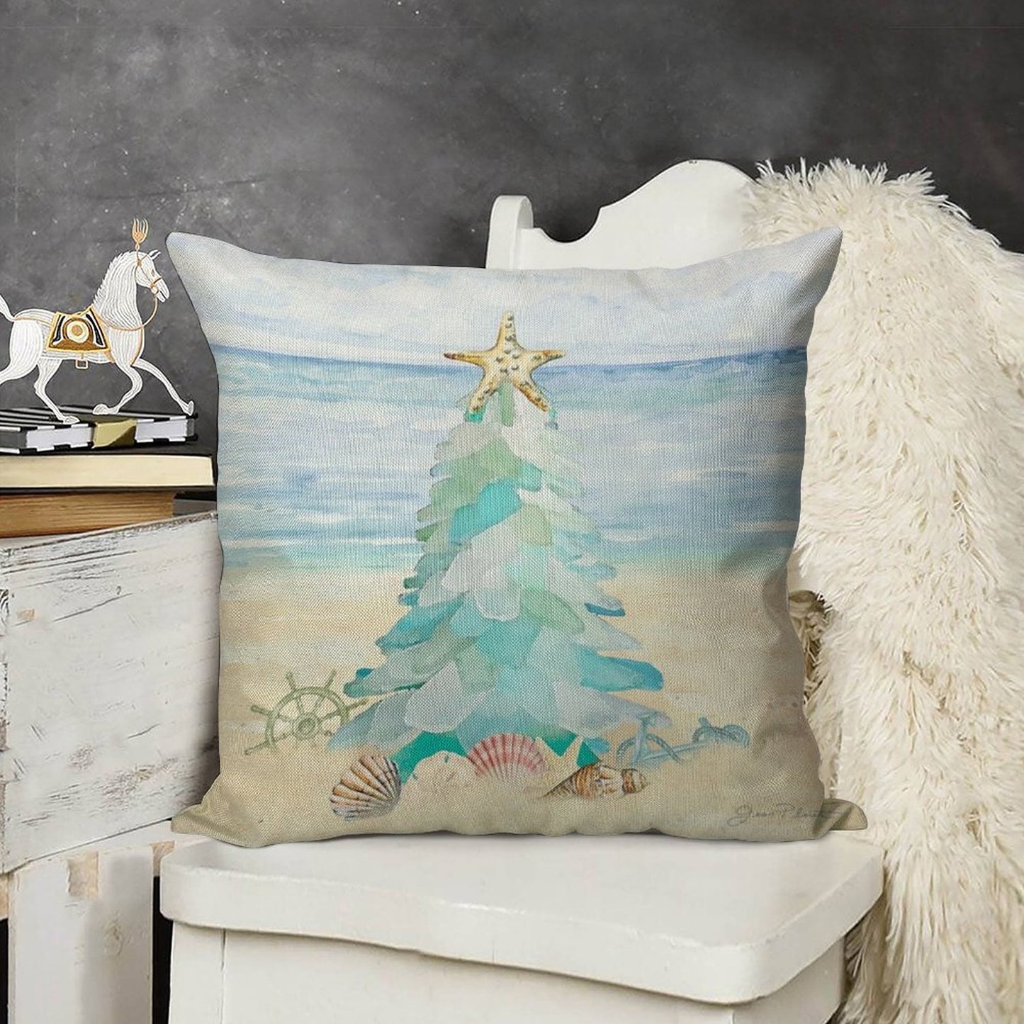 Coastal Seaglass Christmas Tree B Linen Throw Pillow Cover
