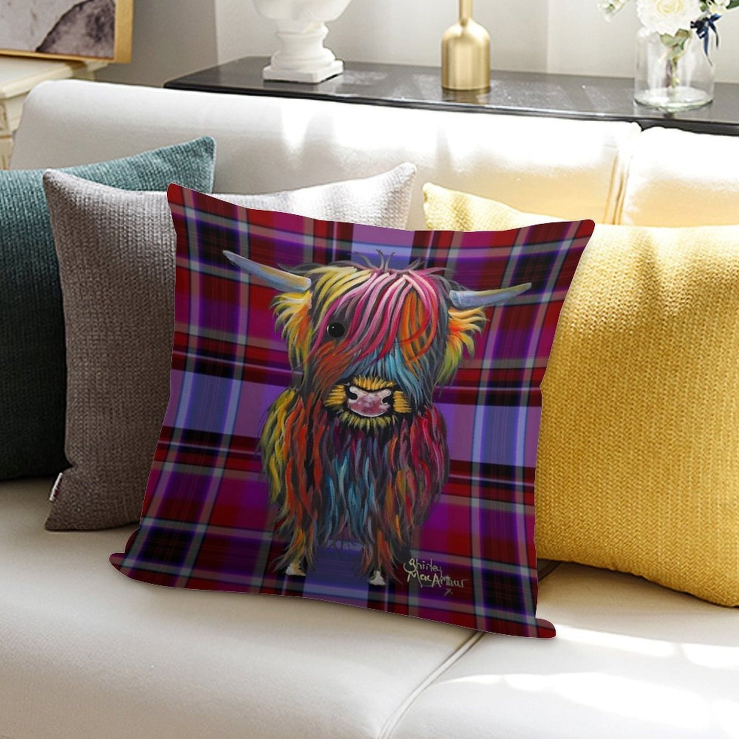 SCoTTiSH HiGHLaND CoW ' TaRTaN BRaVe ONe ' by SHiRLeY MacARTHuR Soft Ultra-Soft Texture Throw Pillow