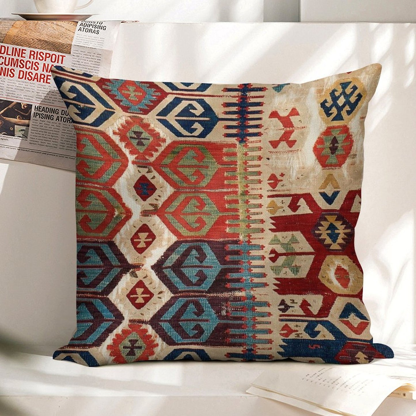 Aksaray Tribal Antique Turkish Kilim Print Linen Throw Pillow Cover