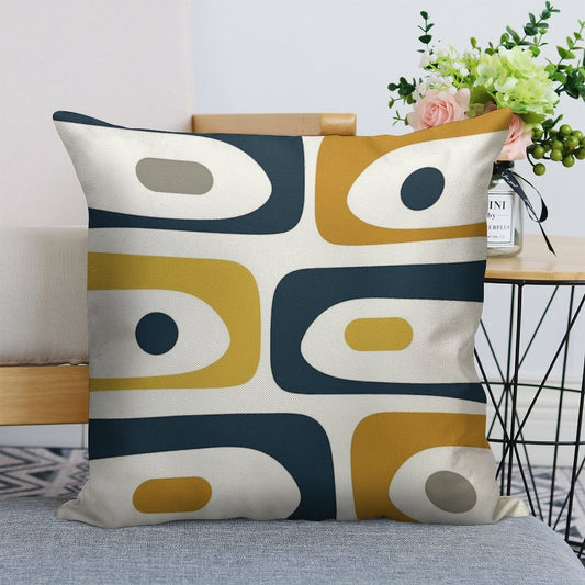Mid Century Modern Piquet Abstract Minimalist Pattern in Navy Blue, Light And Dark Mustard, Grey, And White Linen Throw Pillow Cover