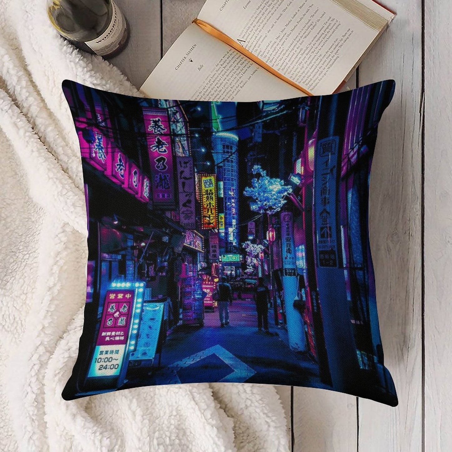 Blue Tokyo Alleys Linen Throw Pillow Cover