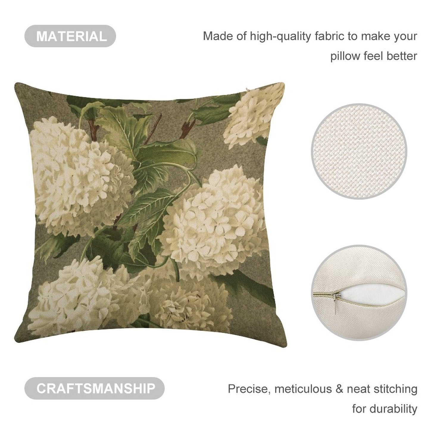 Vintage Victorian White Hydrangea Floral Linen Throw Pillow Cover