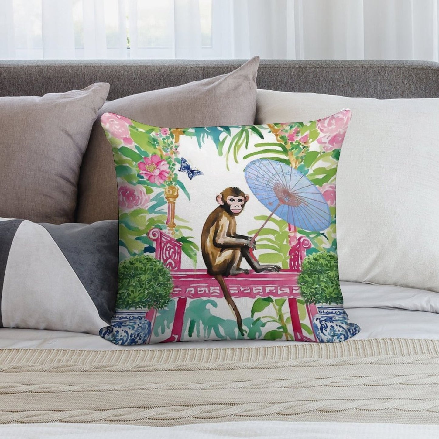 Monkey in Chinoiserie Garden Soft Washable Throw Pillow