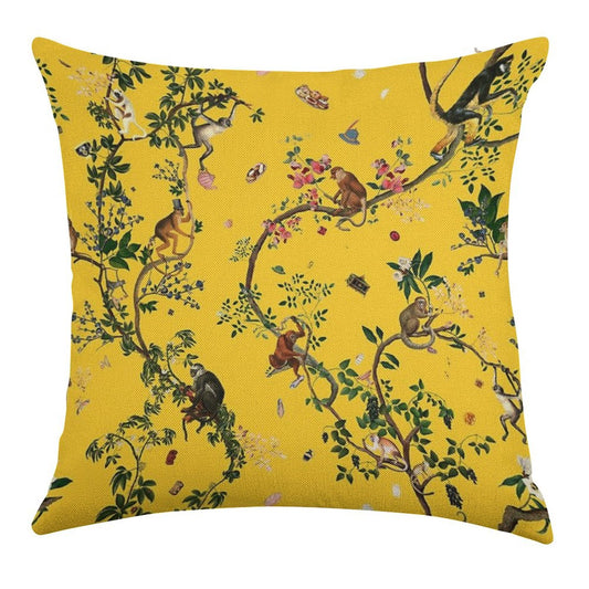 Monkey World Yellow Linen Throw Pillow Cover