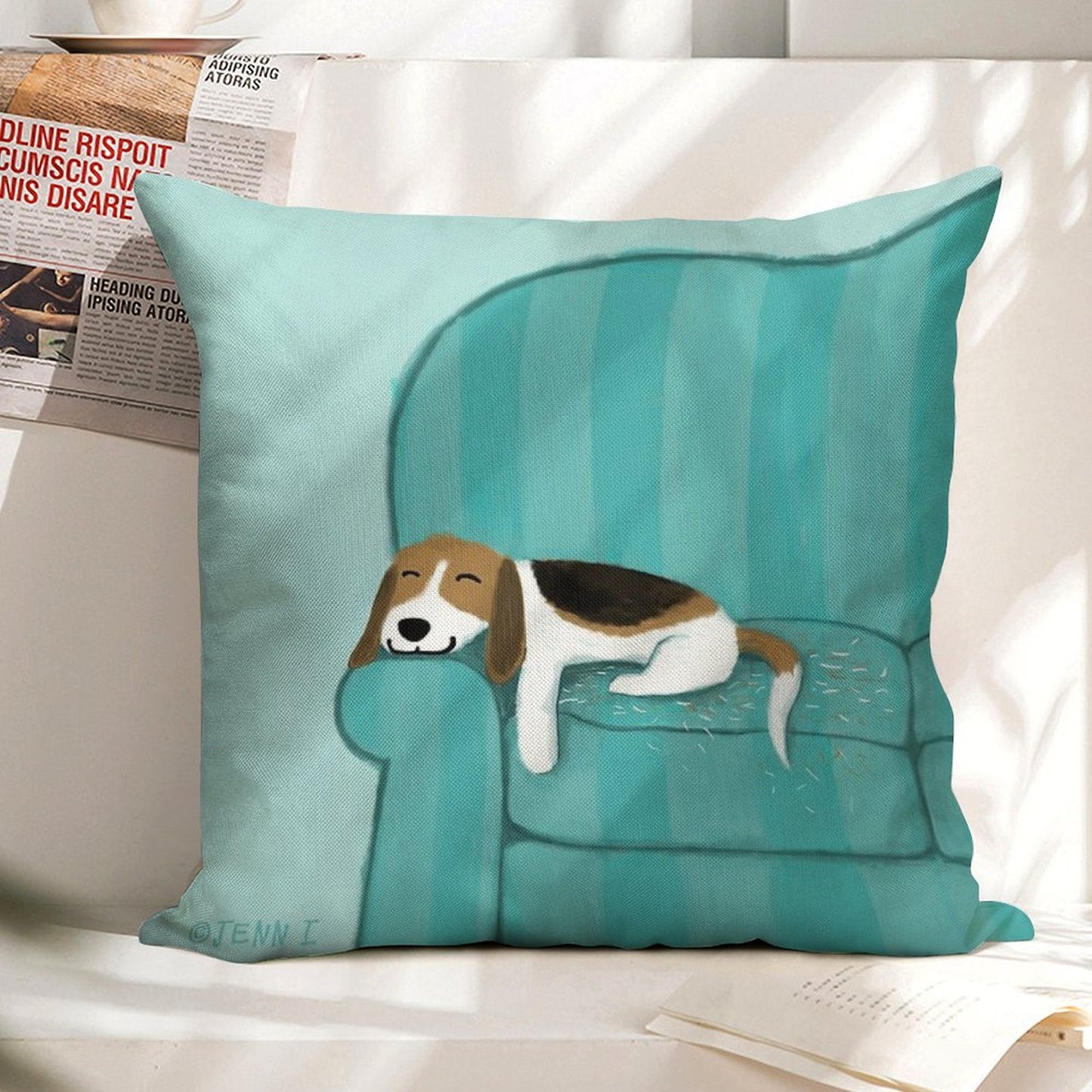 Happy Couch Dog Cute Beagle Linen Throw Pillow Cover