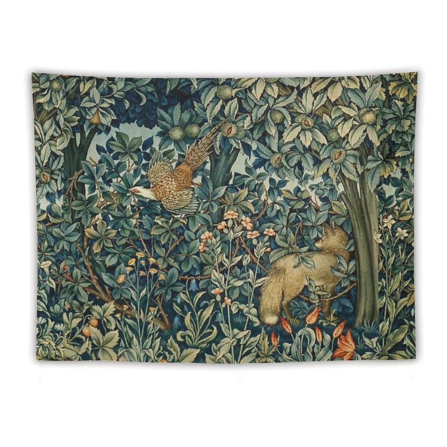 GREENERY, FOREST ANIMALS Pheasant And Fox Blue Green Floral Tapestry Tapestry