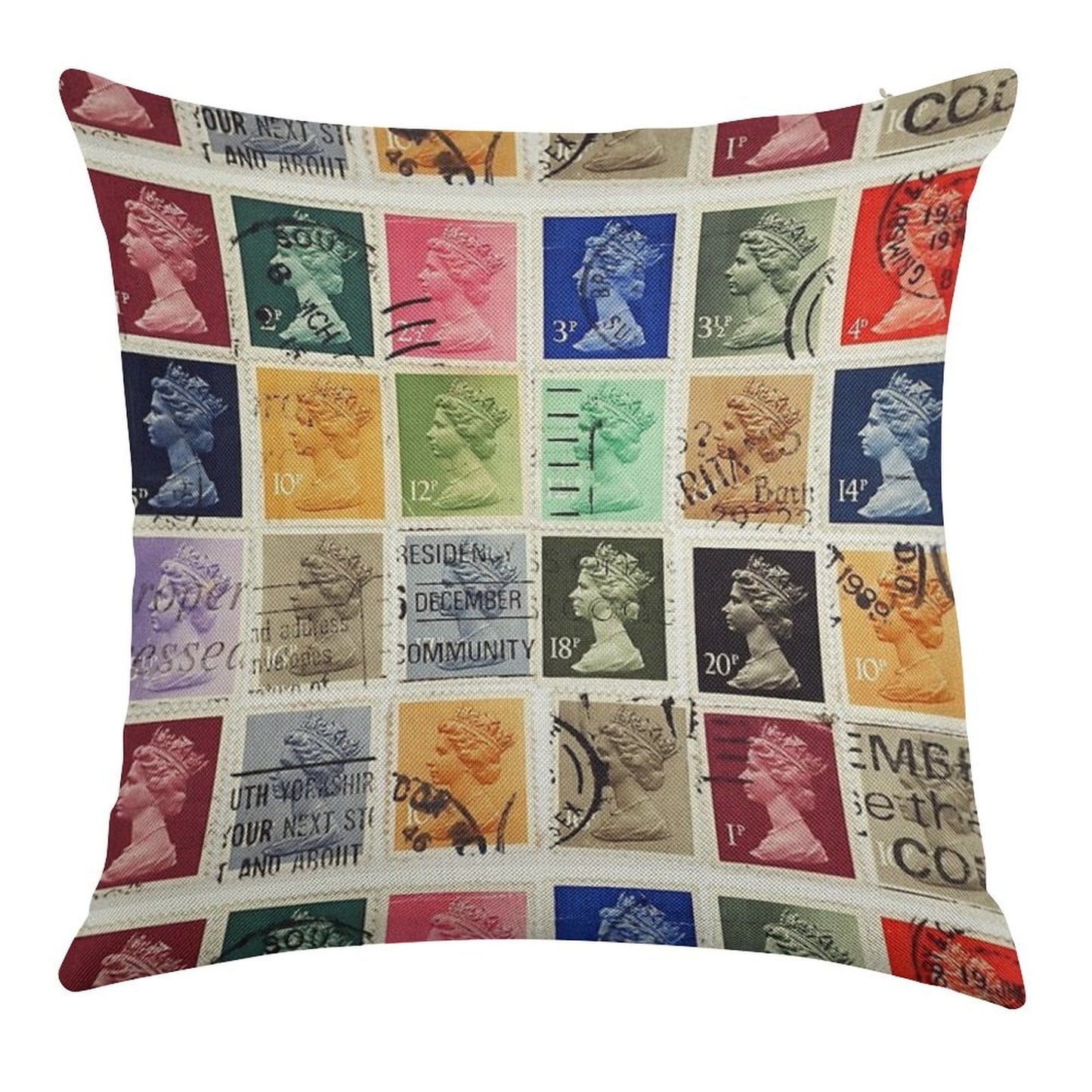 British Postage Stamps with A Queen Elizabeth Profile. Linen Throw Pillow Cover