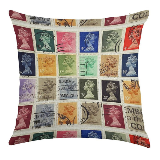 British Postage Stamps with A Queen Elizabeth Profile. Linen Throw Pillow Cover