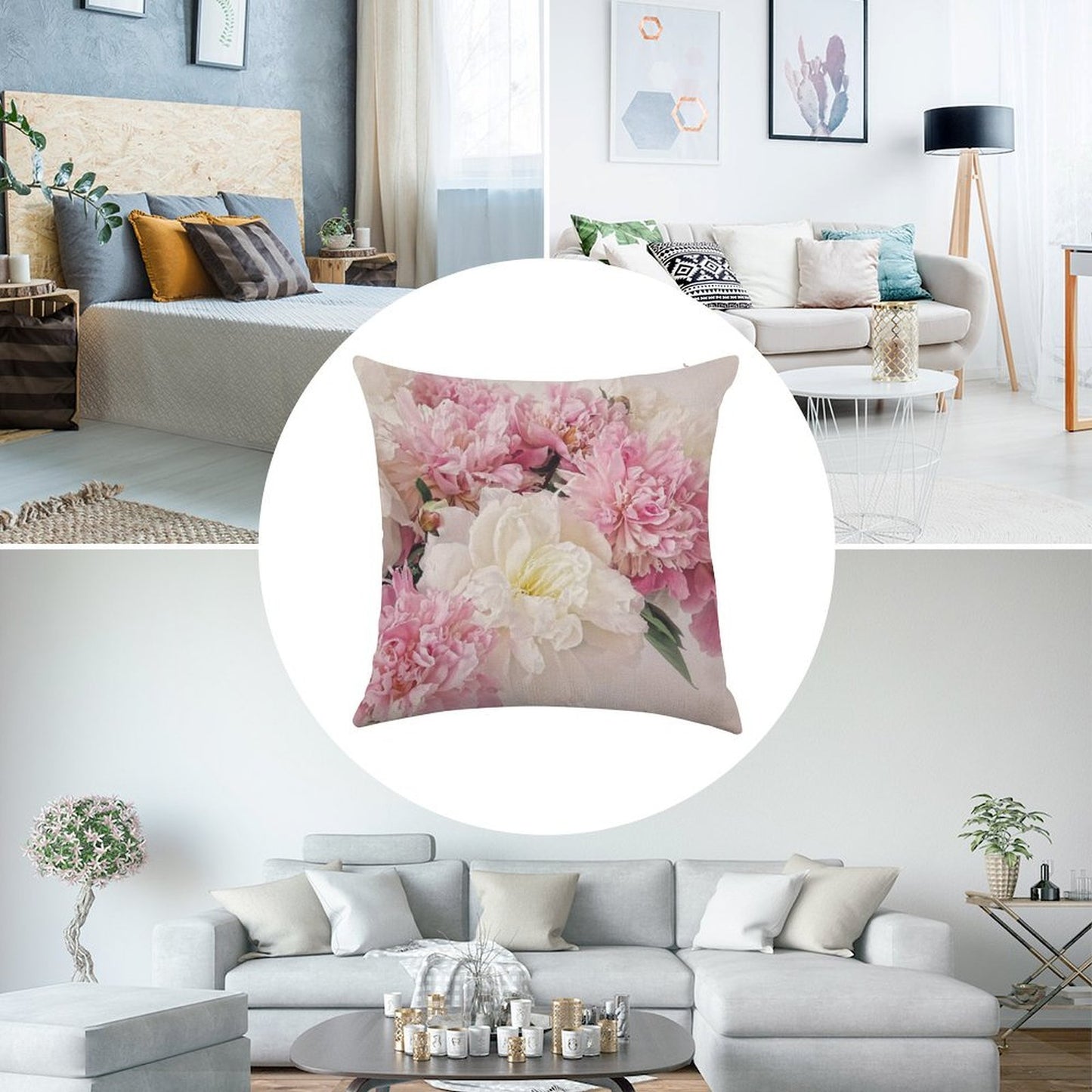 Peonies Linen Throw Pillow Cover