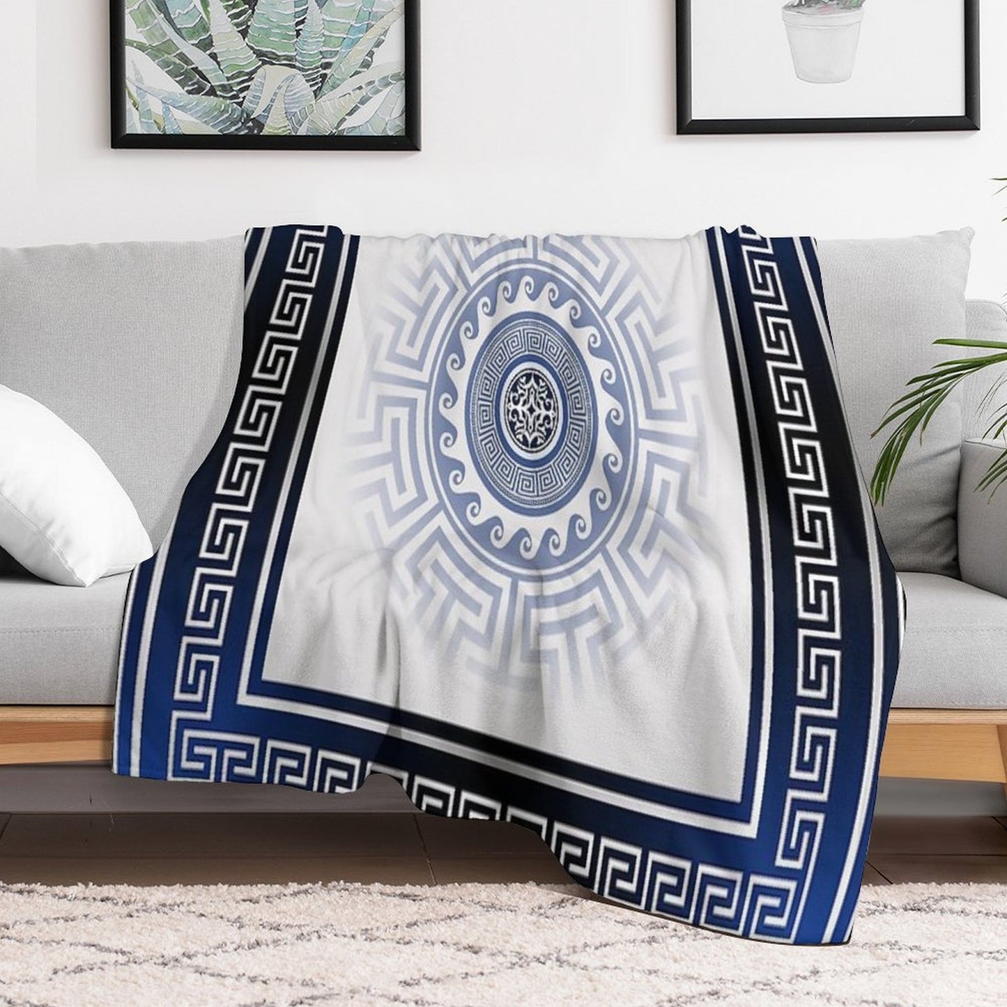 Greek Key Meander Blue White Silver Throw Blanket
