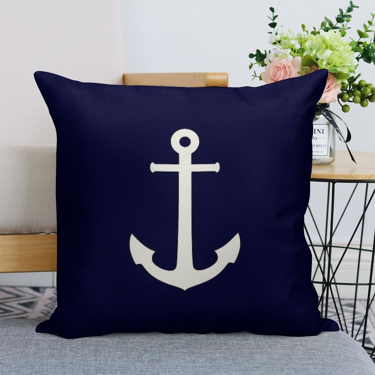 White Anchor On Navy Blue Linen Throw Pillow Cover