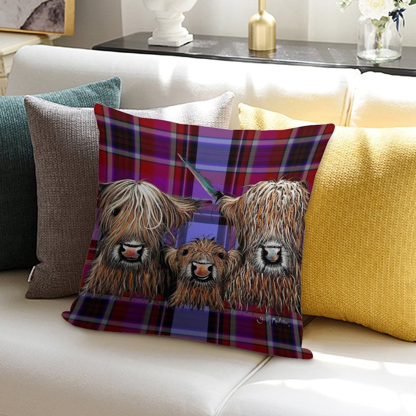 SCoTTiSH HiGHLaND CoW ' TaRTaN We 3 CooS P ' BY SHiRLeY MacARTHuR Soft Hidden Zipper Throw Pillow