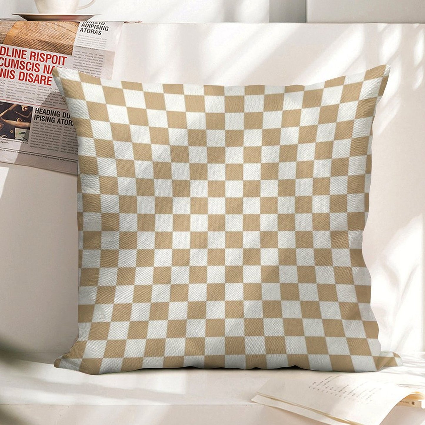 White And Tan Brown Checkerboard Linen Throw Pillow Cover