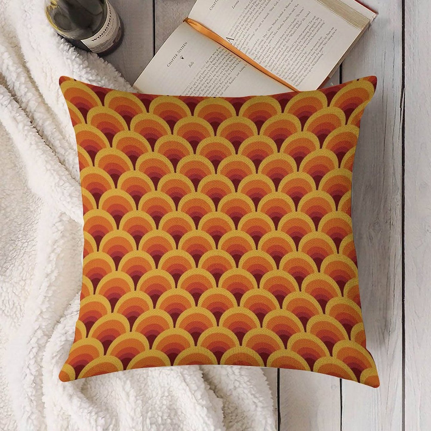 Orange Wave Gradient Retro Pattern Linen Throw Pillow Cover