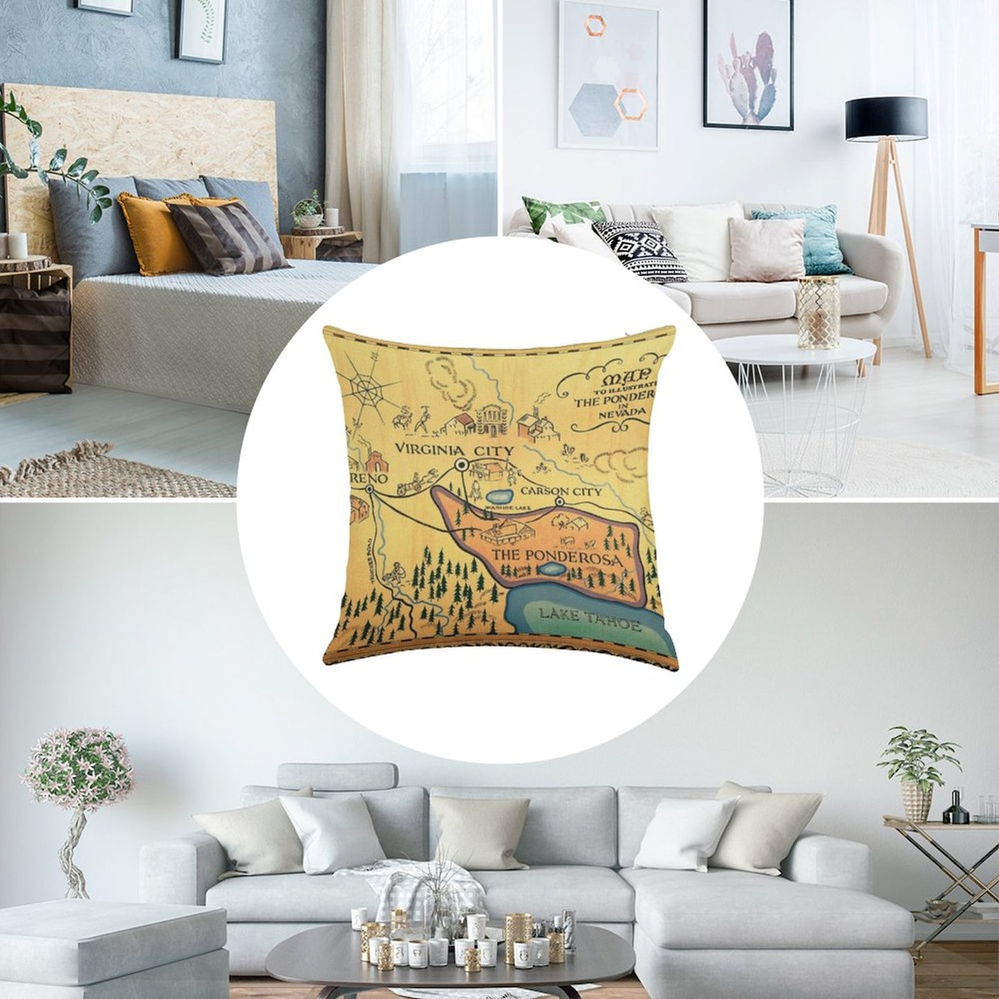 Map of The Ponderosa from 'Bonanza' Linen Throw Pillow Cover