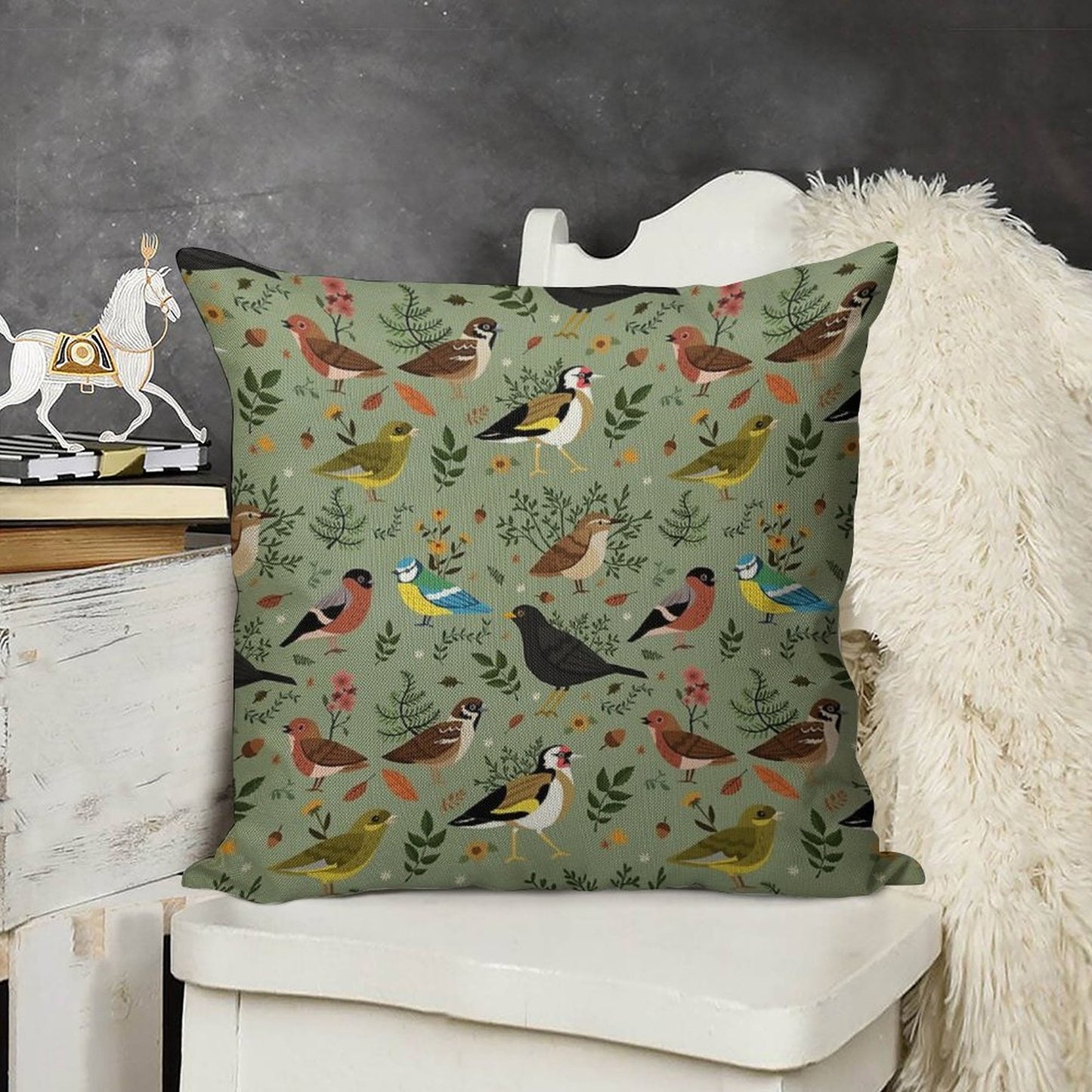 Garden Birds Linen Throw Pillow Cover
