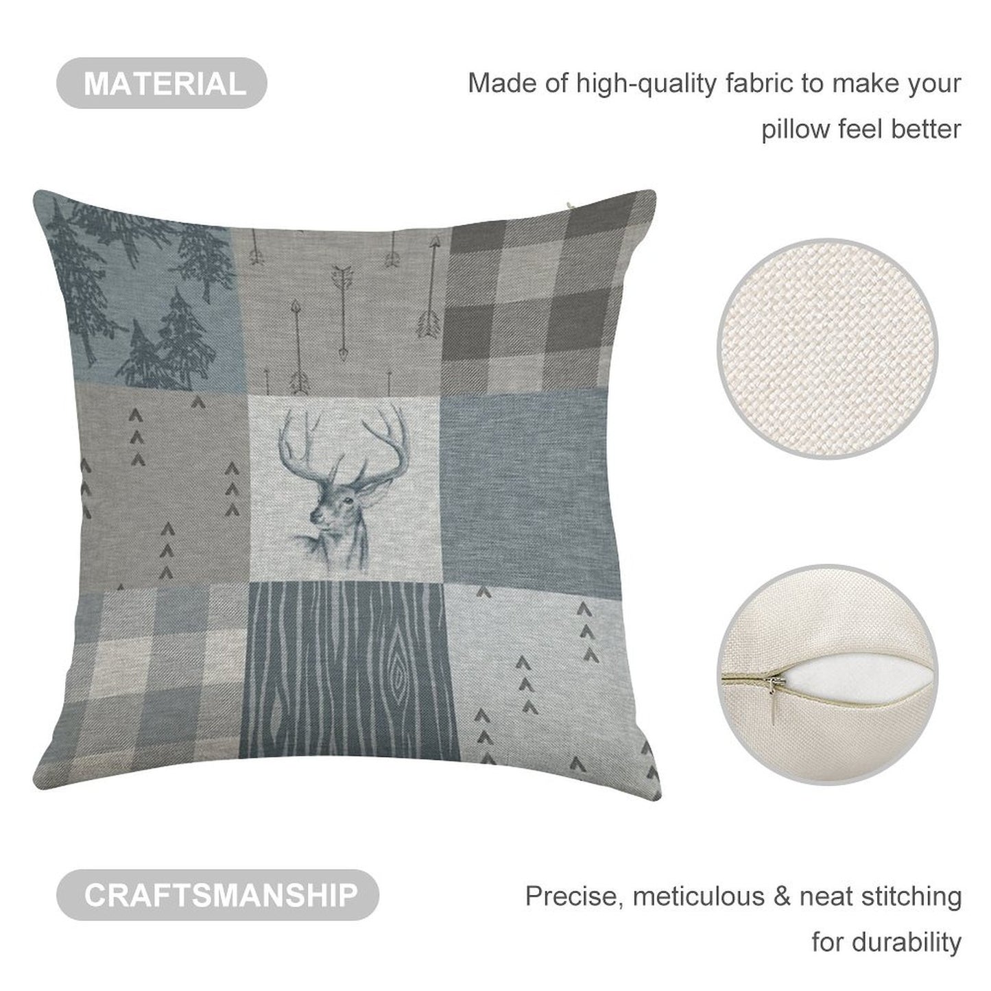 Deer Patchwork - Rustic Blue And Grey Linen Throw Pillow Cover