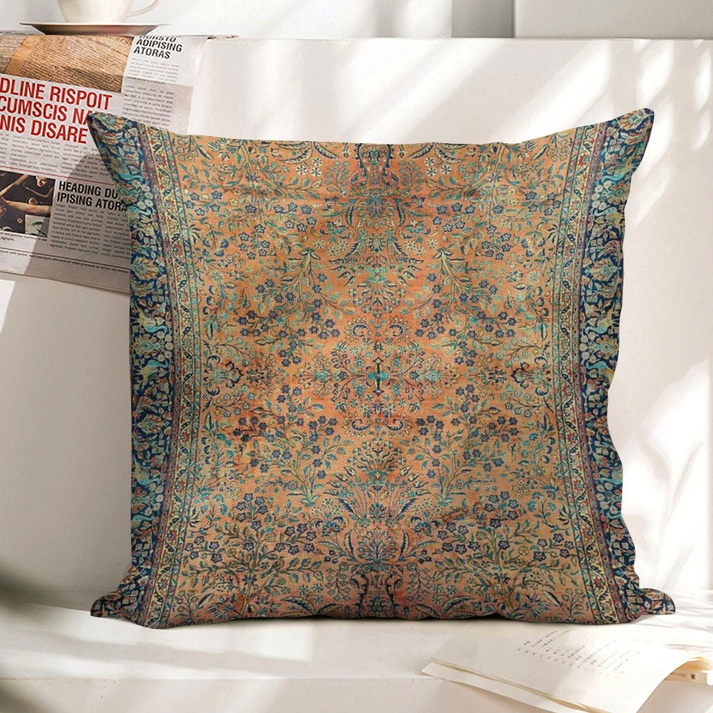 Manchester Kashan Floral Persian Carpet Print Linen Throw Pillow Cover