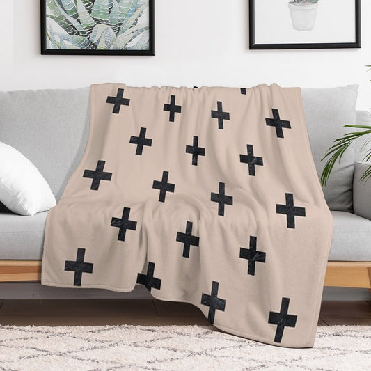 Beige And Black Textured Swiss Cross Pattern Throw Blanket