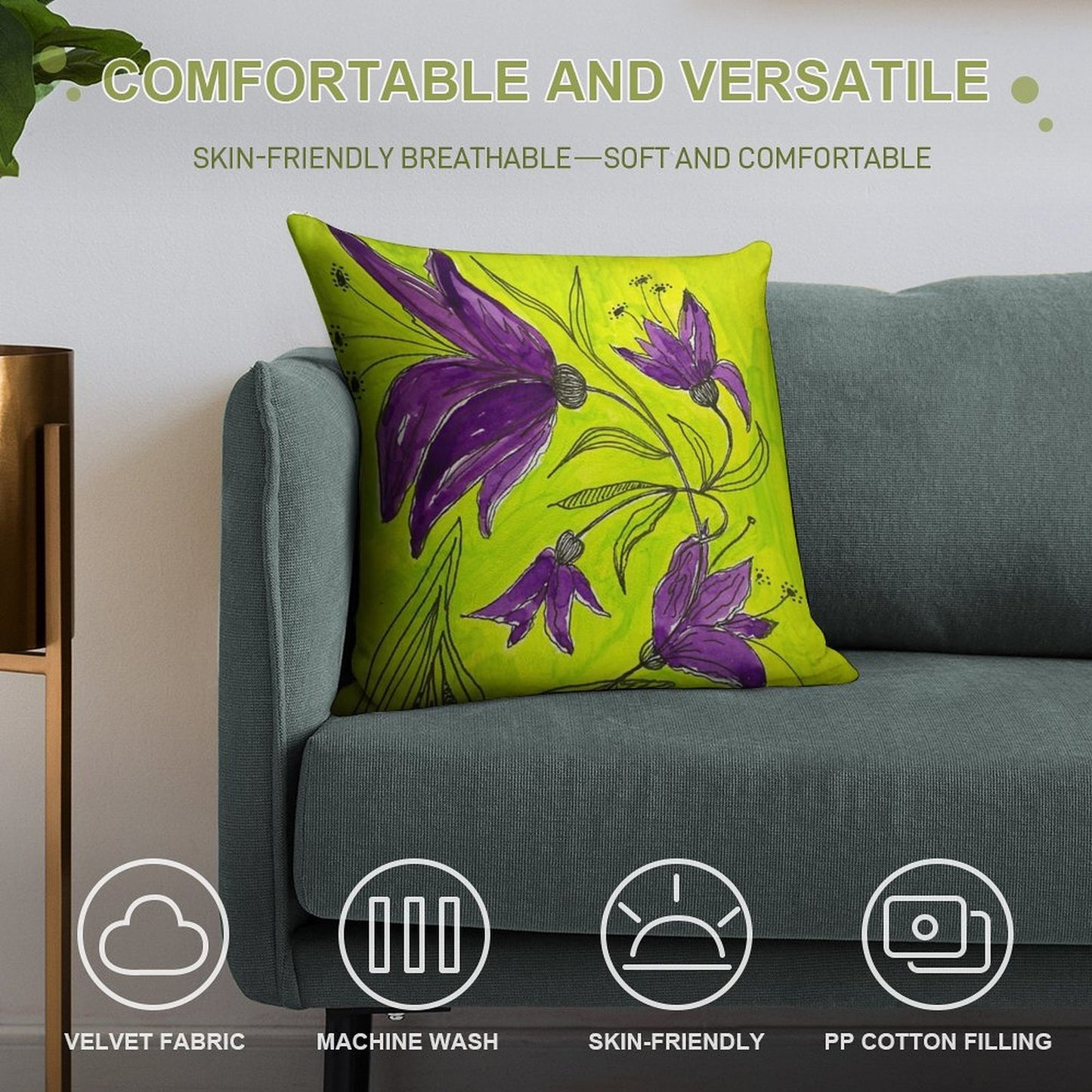 Botanical Lime Green And Purple Soft Easy Maintenance Throw Pillow
