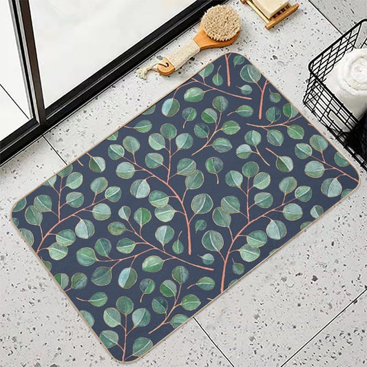 Simple Silver Dollar Eucalyptus Leaves on Navy Blue Bath Mat