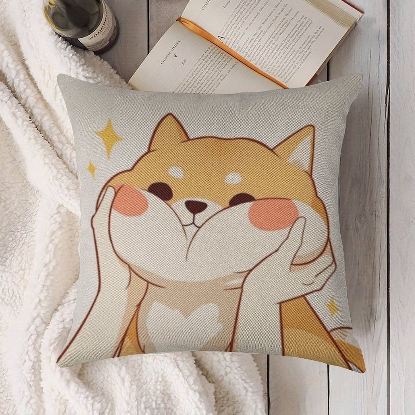 Kawaii Shiba Inu Linen Throw Pillow Cover